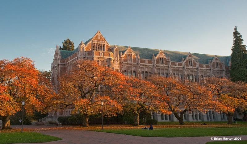 neo-Gothic building behind cherry trees with bright orange leaves