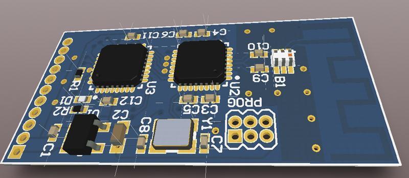3D rendering of a circuit board with microcontroller, radio, and PCB
        trace antenna