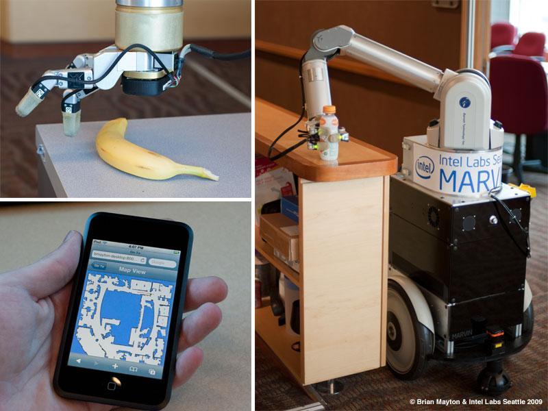 a photo of a robot hand above a banana; a hand holding an iPod Touch
    showing a map, and a robot arm on a mobile platform grasping a juice bottle
    on a countertop