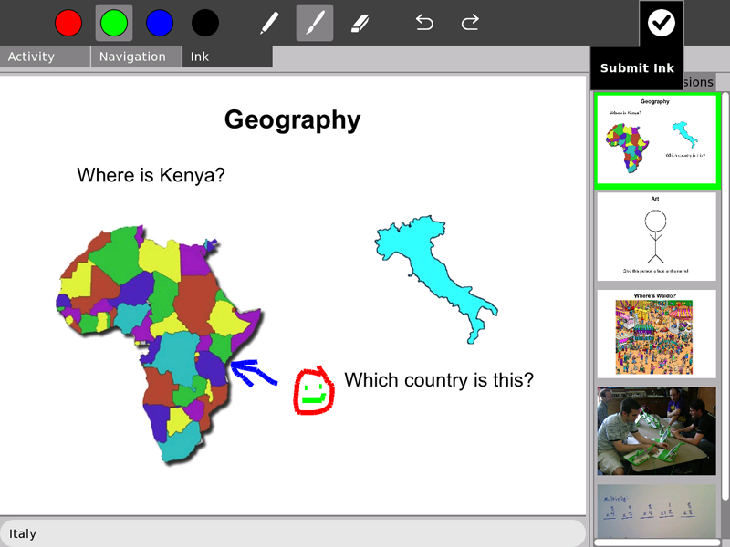 screenshot of a slide with the text 'Where is Kenya', a map of Africa,
    and a blue hand-drawn arrow pointing at Kenya next to a hand-drawn smiley
    face