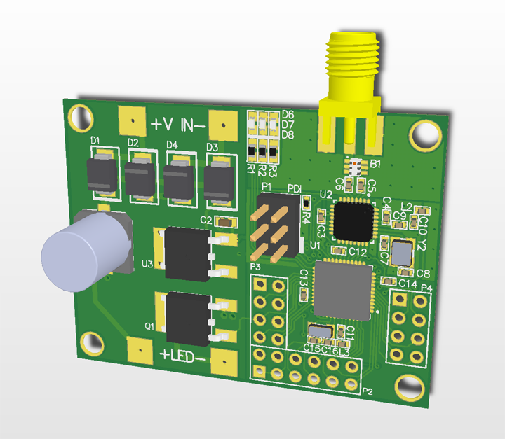 a 3D rendering of a circuit board with a bridge rectifier, MOSFET,
        SMA connector, radio chip, and microcontroller